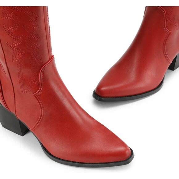 DREAM PAIRS Womens Red Cowboy Boots Wide Calf Knee High Ladies - Picture 5 of 7